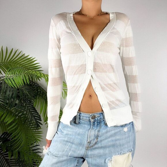 Ann Taylor Sweaters - Womens Ann Taylor White Striped Cottagecore Coastal Chic Sheer Cardigan Top / XS